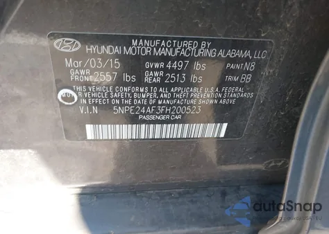 2015 Hyundai Sonata Se from USA, damaged, VIN 5NPE24AF3FH200523